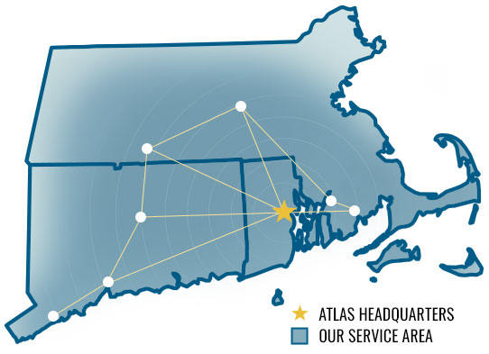 Atlas Scaffolding service area map showing Rhode Island, Massachusetts and Connecticut with regional scaffolding and shoring markets including Hartford, New Haven, Fairfield County, Worcester and Springfield